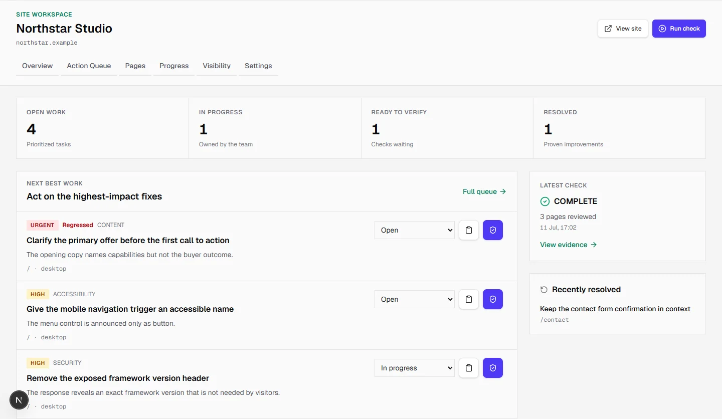 PageLens command center showing a ranked weekly website improvement plan