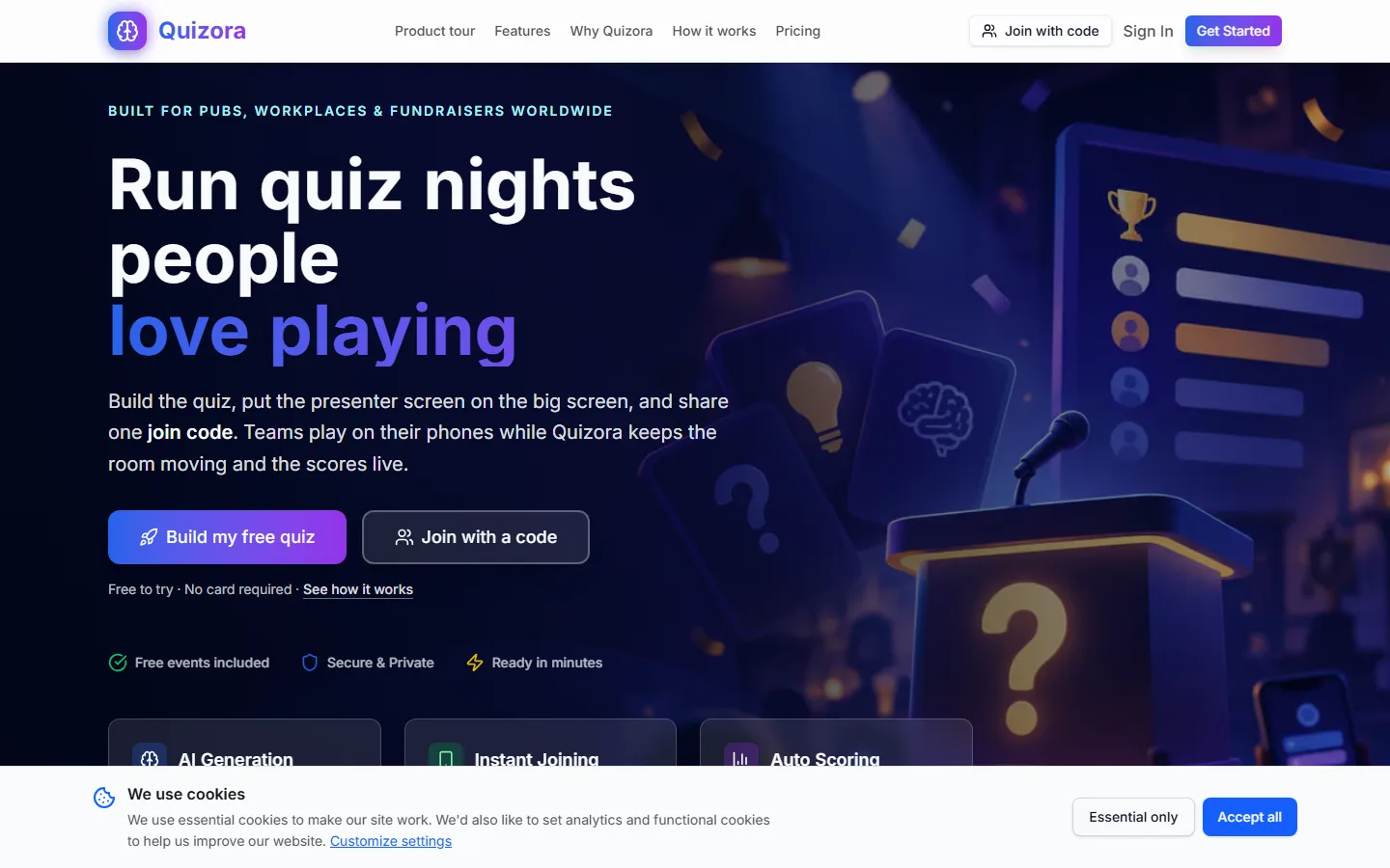 Actual Quizora homepage captured during PageLens's public website QA field test, including the first-visit cookie banner
