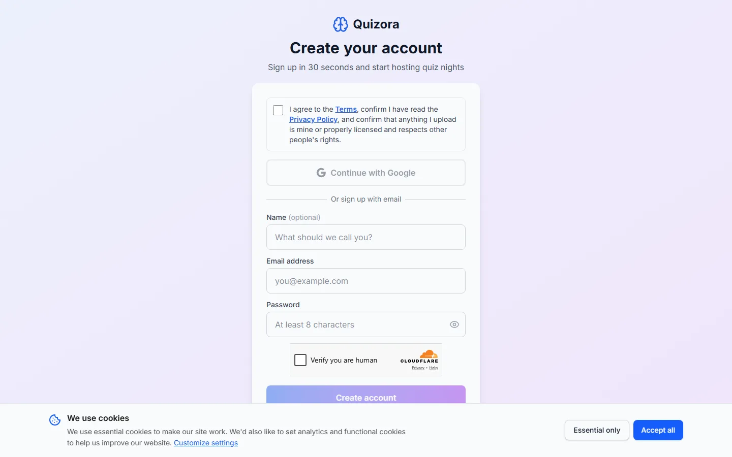 Real Quizora signup capture showing the faint optional Name label